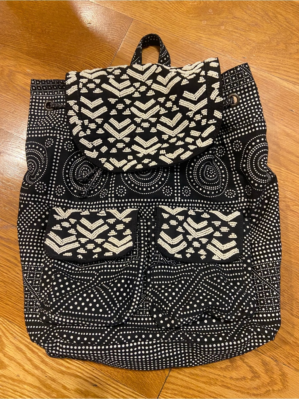 Mossimo Black, Cream Geometric Patterned Beaded Women’s Backpack Boho VTG
